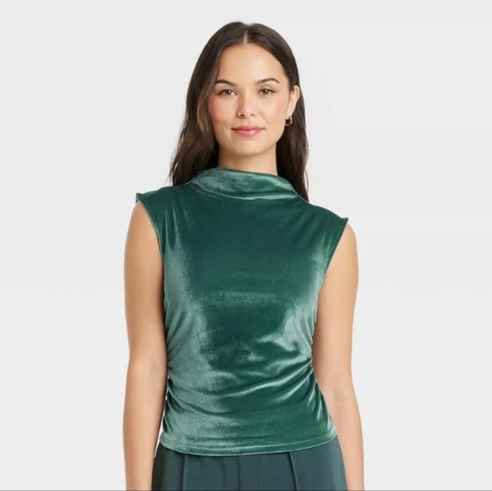 NWT Emerald‎ Green Christmas Holiday party XXL Mockneck Velvet Sleeveless Top